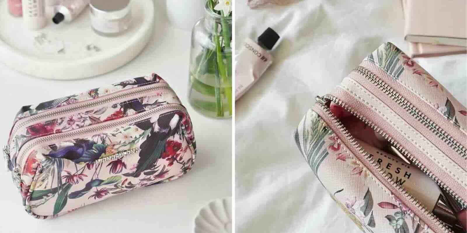 Trousse de toilette Joana Fulana rose en cuir vegan, imprimé floral Treasure Garden
